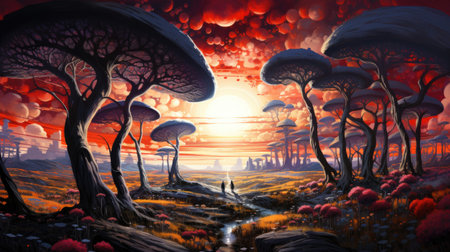 Fantasy landscape with trees and mushrooms.の素材