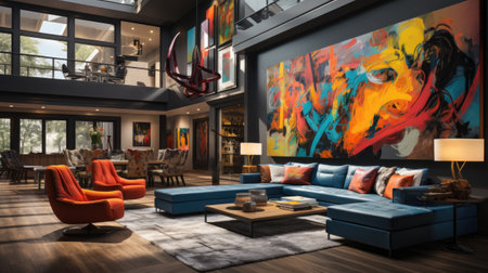 Interior of modern living room with blue sofa and orange armchairsの素材