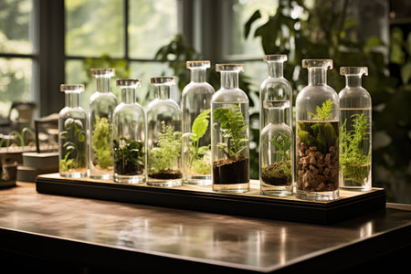 Plants in glass vials on a table in a botanical laboratoryの素材