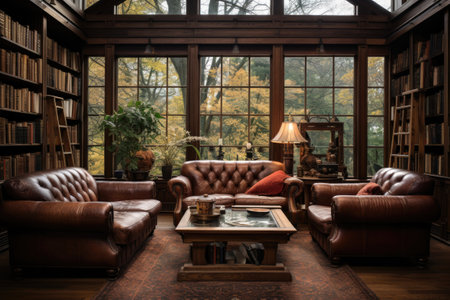 Luxury living room with brown leather sofa and bookshelf.の素材