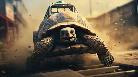 Tortoise on a race track in the rainの素材