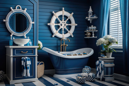 Bathroom interior with blue bathtub, round mirror and marine decorの素材