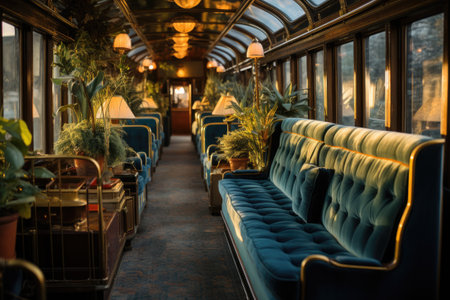Interior of an old train with blue sofas and chairsの素材