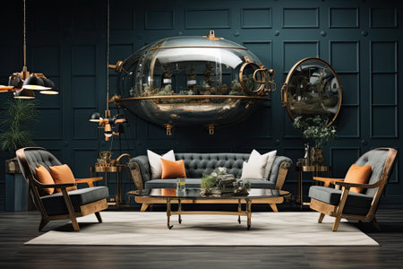 Luxury living room interior with armchairs, coffee table, sofa and glass chandelierの素材