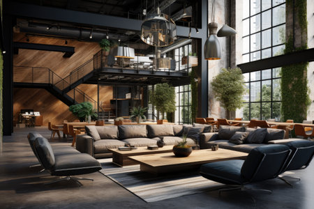 Interior of modern cafe with wooden walls, concrete floor, comfortable sofas and coffee tablesの素材