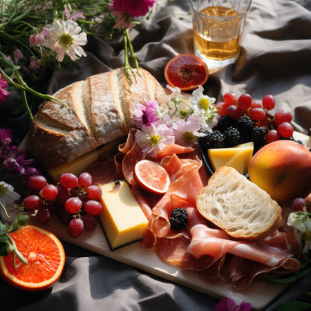Cheese platter with prosciutto, prosciutto crudo or jamon, fruits and wineの素材