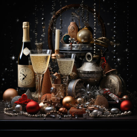 Christmas still life with champagne, toys and decorations on dark background.の素材