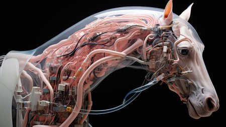 Close-up view of a head of a white unicorn with wiresの素材