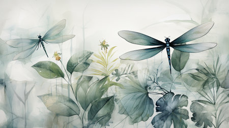 Watercolor illustration of a dragonfly on the background of flowers.の素材