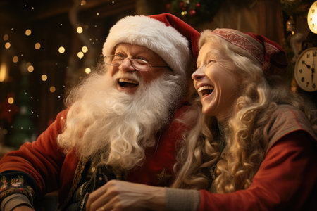 Merry Christmas and Happy Holidays! Cheerful Santa Claus and his wife are laughing and looking at each other.の素材