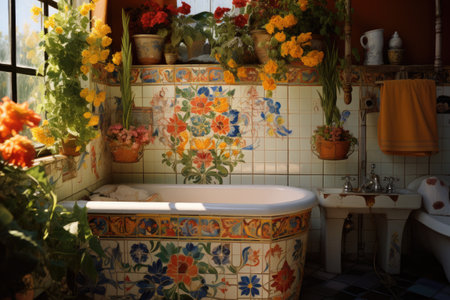 Interior of a bathroom with flowers and ceramic tiles on the wallの素材