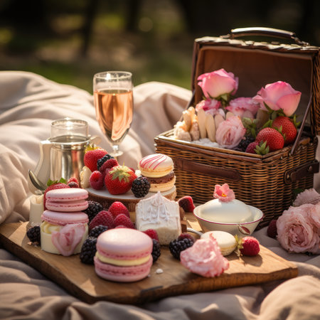 Romantic breakfast in bed with macaroons, strawberries and rosesの素材