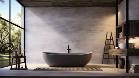 Interior of modern bathroom with white walls, concrete floor, comfortable white bathtub standing on wooden countertop and shelves with towels.の素材