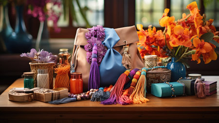 Bouquet of flowers in a gift bag on a wooden tableの素材