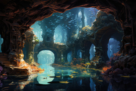 an underwater cave with fish in the water.の素材