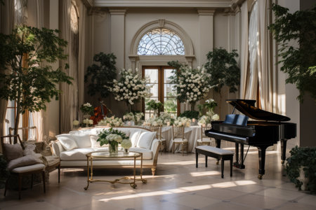 Interior of a beautiful room decorated with flowers and a piano.の素材
