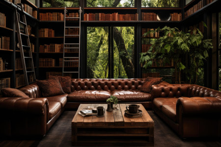 Interior of modern living room with brown leather sofa and bookcaseの素材