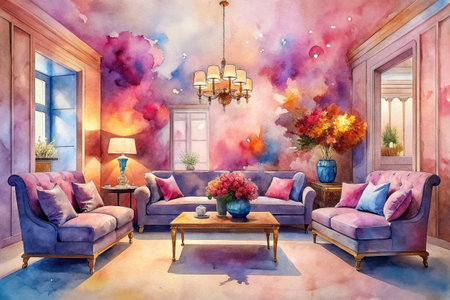 Interior of the living room. Watercolor painting on canvas.の素材