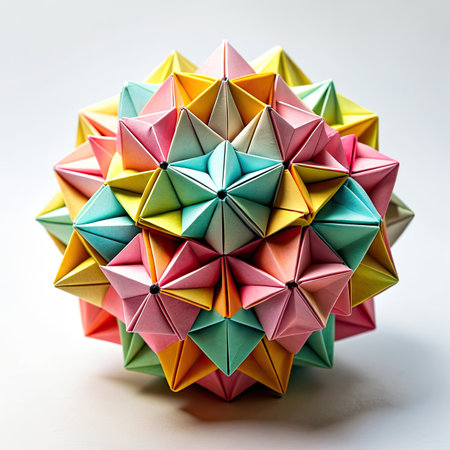Colorful origami ball on a white background. Minimal concept.の素材