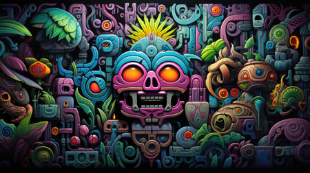 Colorful illustration of a skull surrounded by colorful fantasy monsters on a dark backgroundの素材