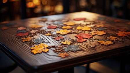 Autumn leaves on a wooden table in a restaurant. Selective focusの素材