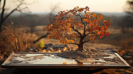 Autumn tree on a digital tablet in the forest. 3d renderの素材