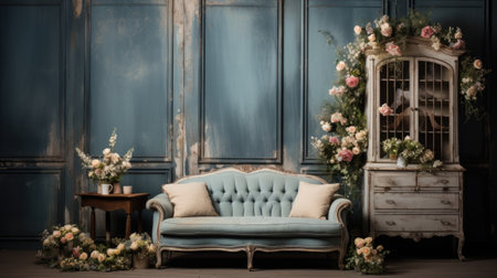 Vintage interior with blue sofa and vintage furnitureの素材