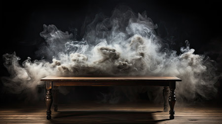 Wooden table and smoke on a black background. Halloween concept.の素材
