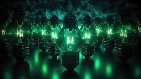 Glowing fluorescent light bulbs on a dark backgroundの素材