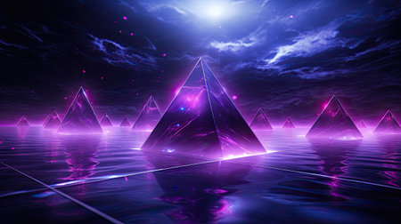 background with neon lights and pyramids.の素材