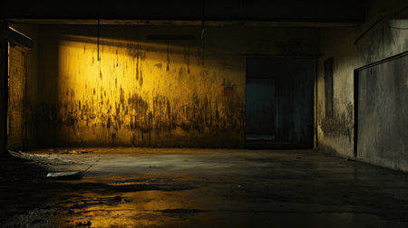 Dark abandoned room with a yellow light in the middle of the roomの素材