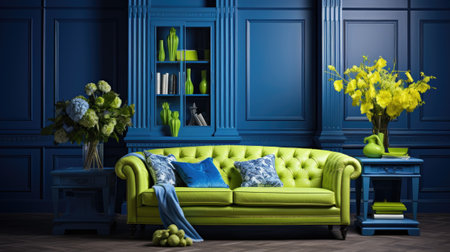 Classic blue living room interior with a sofa, armchair and flowersの素材