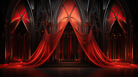 a red stage curtain with a dark background.の素材