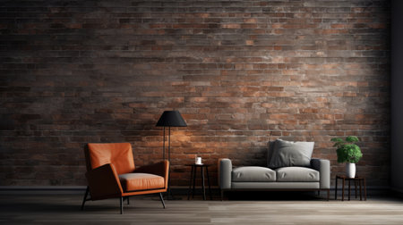 interior with sofa and armchair, brick wall backgroundの素材