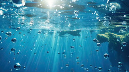 Underwater view of water surface with air bubbles and sun rays.の素材