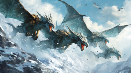 Pterodactyls in flight. 3D illustration.の素材