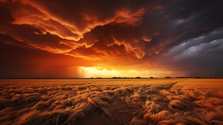 Sunset over a field of wheat with stormy clouds in the skyの素材