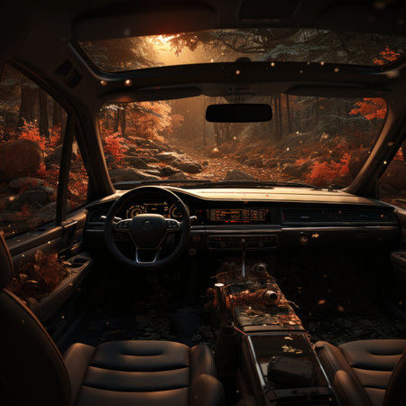 Interior of a car in the forest. 3D rendering.の素材