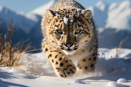 Snow Leopard (Panthera pardus) running in the snowの素材