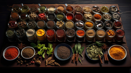 Spices and herbs on wooden background. Food and cuisine ingredients.の素材
