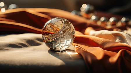 Crystal ball on the background of orange satin fabric. Selective focus.の素材