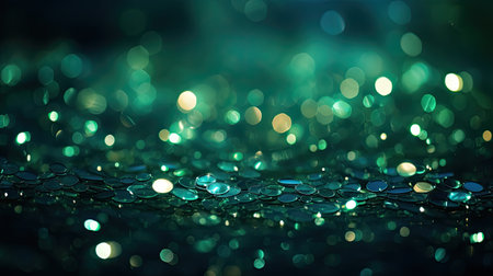 Green bokeh abstract background with defocused lights and water dropsの素材