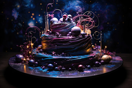 Birthday cake with berries and candles on a dark background. Toned.の素材