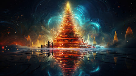 Futuristic christmas tree with reflection in water. 3d illustrationの素材