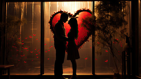 Silhouette of a loving couple in a room decorated for Valentine's Dayの素材