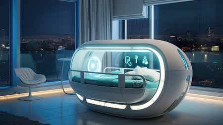 3D rendering of a medical bed in a modern room at nightの素材