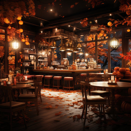 3d rendering of Halloween cafe interior with pumpkins and autumn leavesの素材