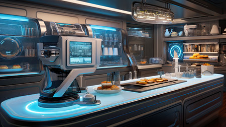 3D rendering of the interior of a commercial kitchen in a futuristic buildingの素材