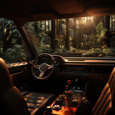 Interior of a classic car in the sunset light. 3d renderingの素材