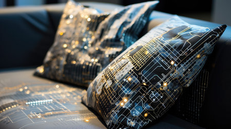 Close up of decorative pillows on a sofa in the living roomの素材